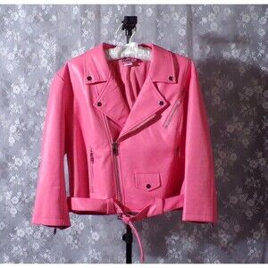 Vixen Micheline Pitt Cropped Pink Motorcycle Jacket Size 2XL Vegan Faux Leather